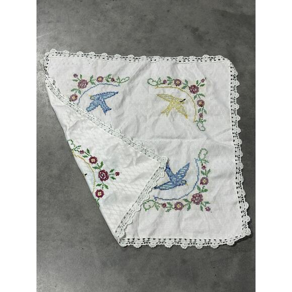 Birds and Flowers, Table Runner, Crochet Edges, 31x31 Tablecloth ~ 251016-WH 348 - Picture 3 of 6